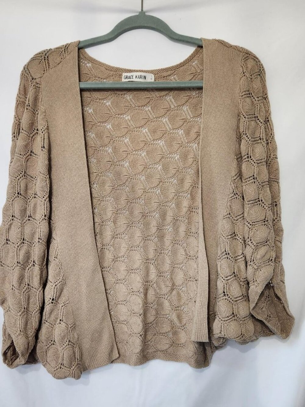 Grace Karin Crochet Open Front Cardigan Khaki XL Boho Cover Up